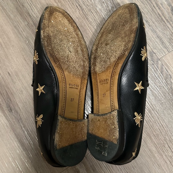Gucci Black Leather Jordaan Embroidered Bee Horsebit Slip On Loafers Size 37 - Picture 10 of 14